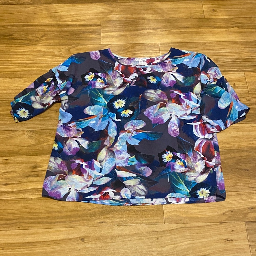 Spense Navy Floral Scoop-Neck Short Sleeve Top